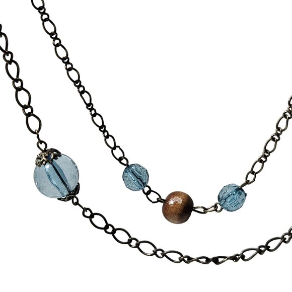 Elegant Beaded Bronze Chain Double Strand Necklace Blue Glass Wooden Beads Women - Picture 2 of 6
